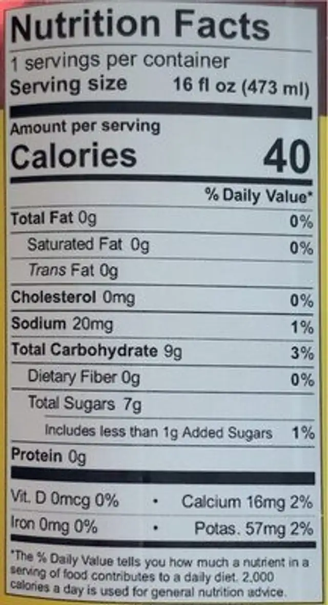 Maui Mango nutrition facts table