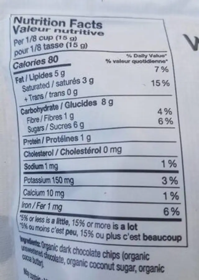 Grains de chocolat organique nutrition facts table