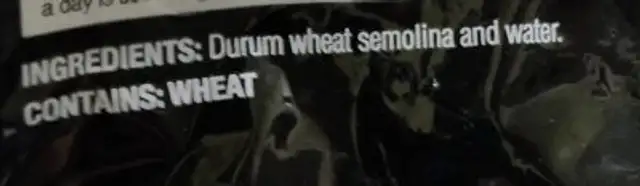 Pasta ingredients label