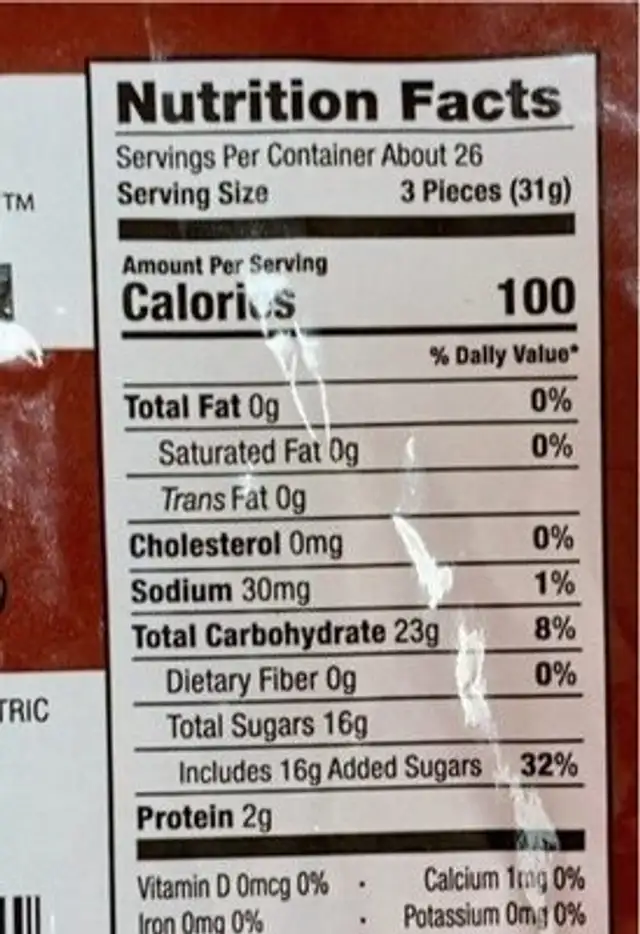 Premium Gummi Worms nutrition facts table