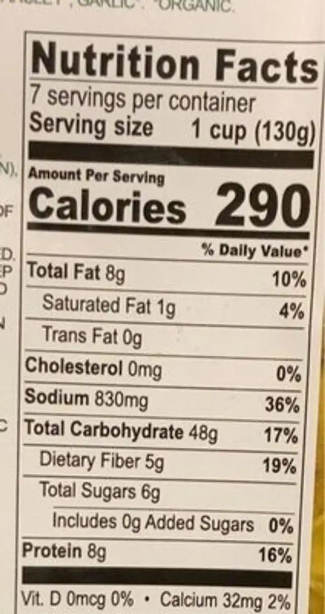 Grilled vegetables organic ravioli nutrition facts table