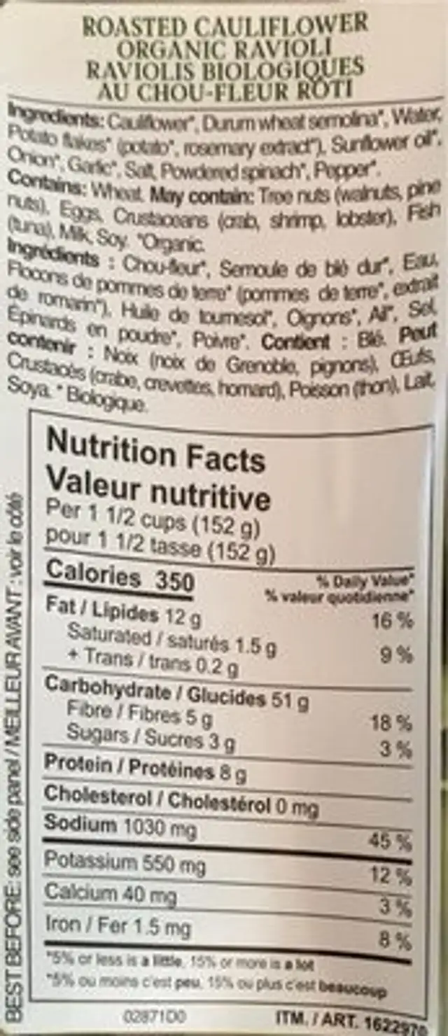 Raviolis biologiques au chou-fleur roti nutrition facts table