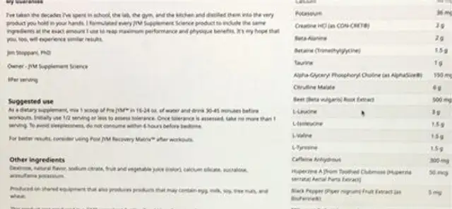 Pre Jym nutrition facts table
