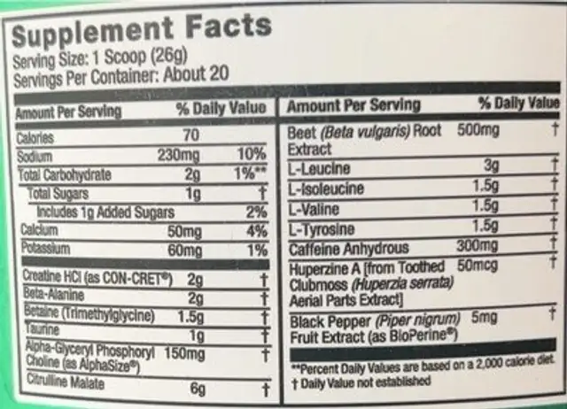 Pre-jym high performance pre-workout nutrition facts table