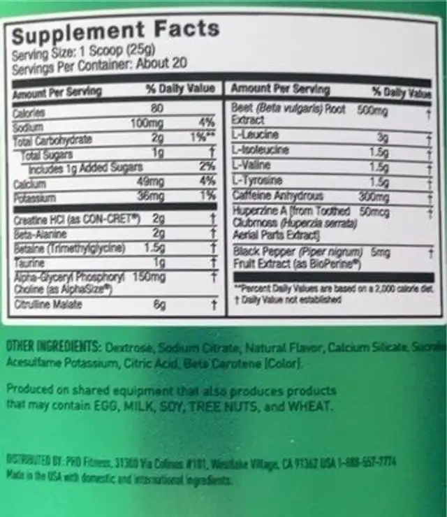 PreJym nutrition facts table