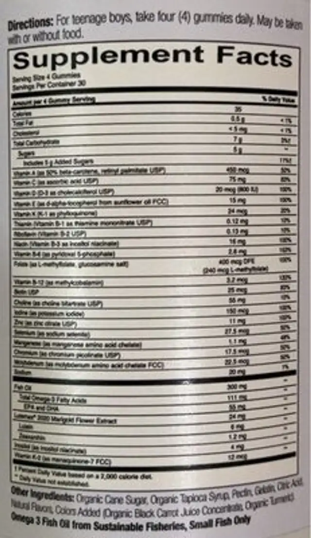 Teen Guy Formula nutrition facts table