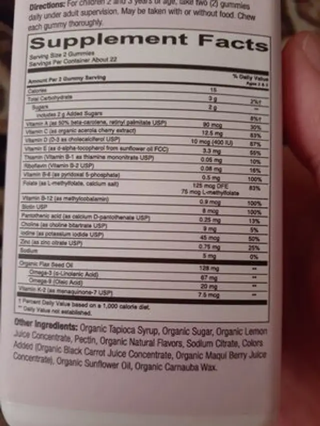Organic Toddler Formula ingredients label