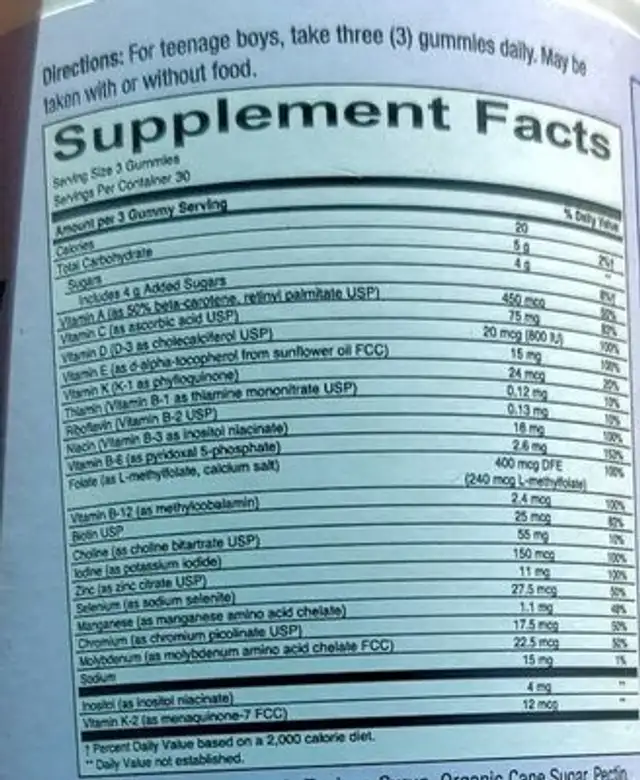 teen guy multi nutrition facts table