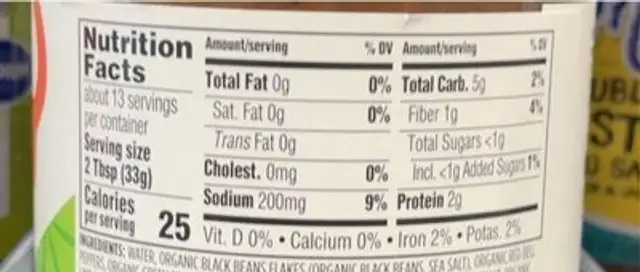 Black bean dip nutrition facts table