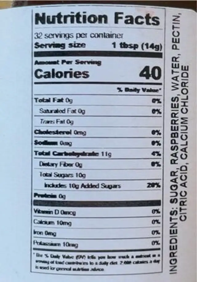 Raspberry Preserves nutrition facts table