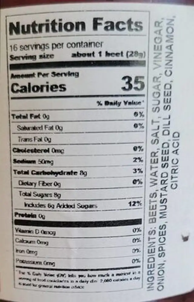 Pickled beets nutrition facts table