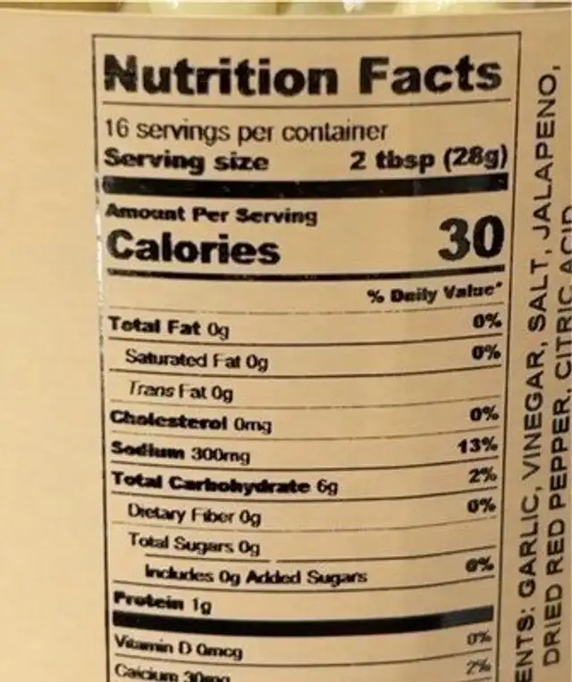 Spicy Pickled Garlic nutrition facts table