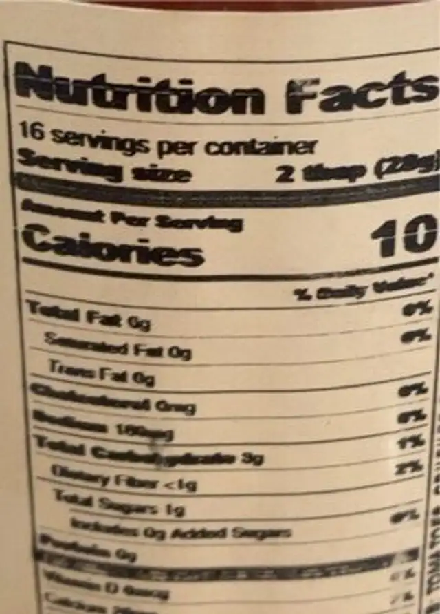 Salsa Fresca nutrition facts table