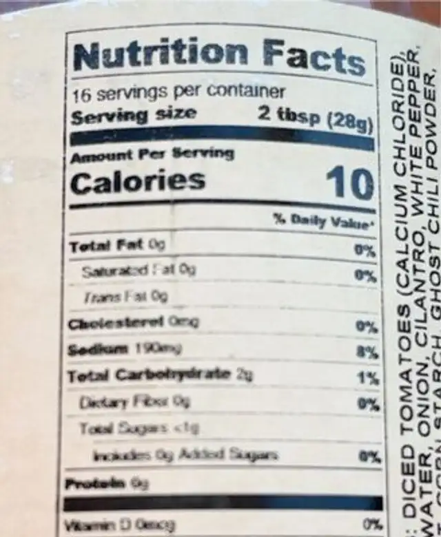 Ghost Pepper Salsa nutrition facts table