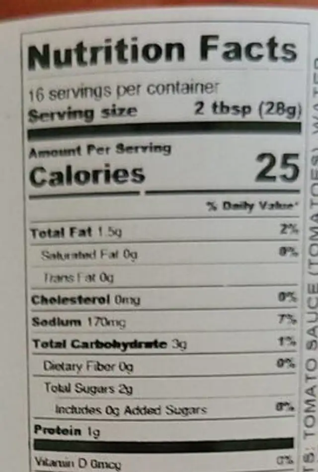 Roasted Garlic Pasta Sauce nutrition facts table