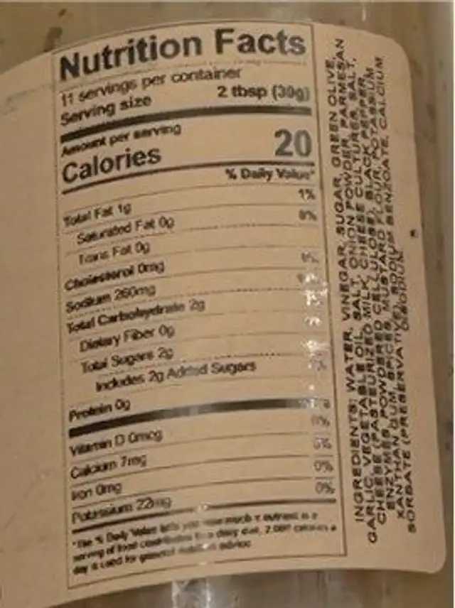 Italian Parmesan Vinaigrette nutrition facts table