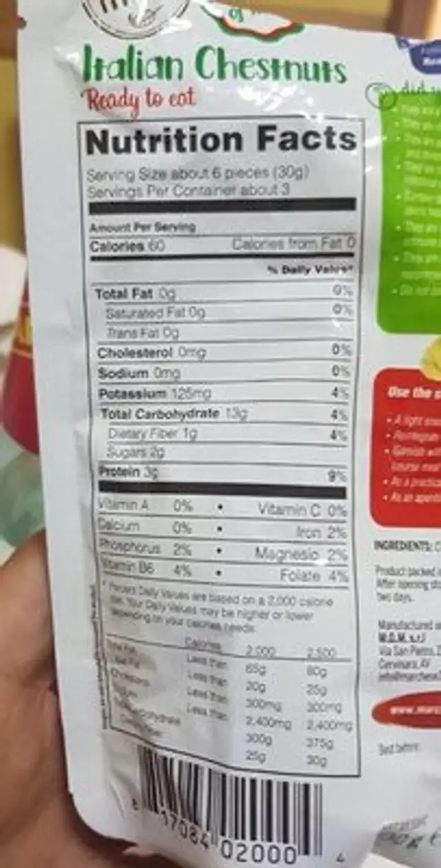 Italian chestnuts nutrition facts table