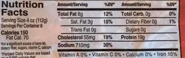 Mexican style beef for fajitas nutrition facts table