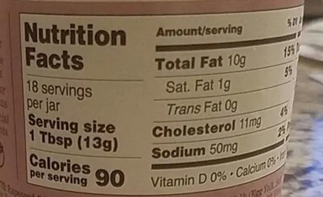 Mayonnaise nutrition facts table
