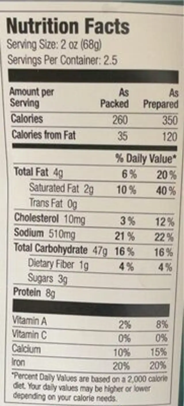 Quinoa pasta and cheese nutrition facts table