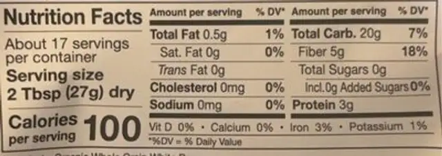 Organic White Popcorn nutrition facts table