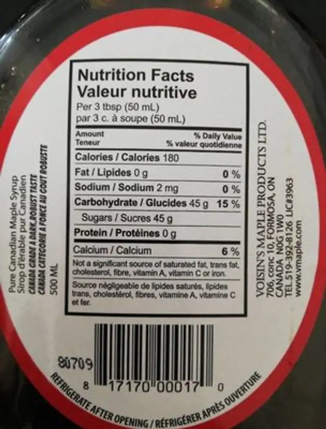 Sirop d'érable ingredients label