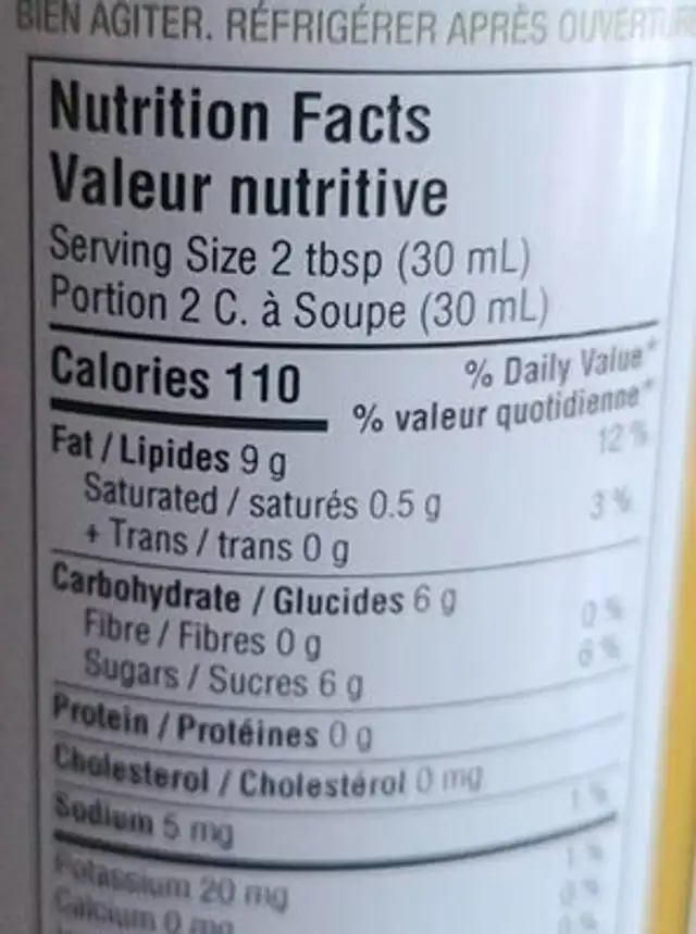Garlic and mango dresding nutrition facts table