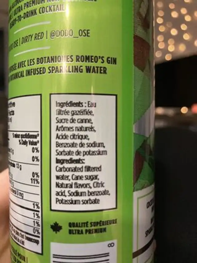 Gin fizz sans alcool ingredients label