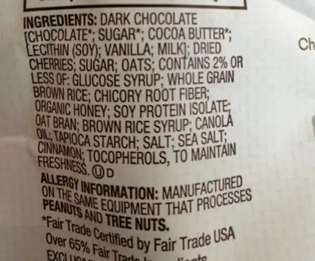 Dark chocolate ingredients label