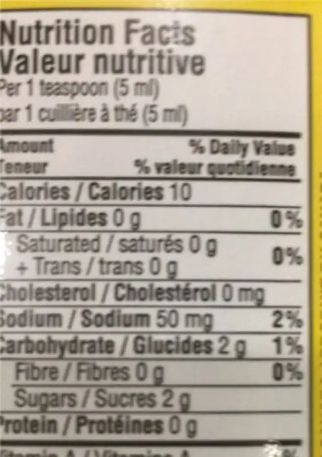 Sweet Prepayed Mustard nutrition facts table