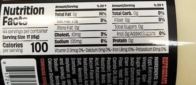 Clamonaise nutrition facts table