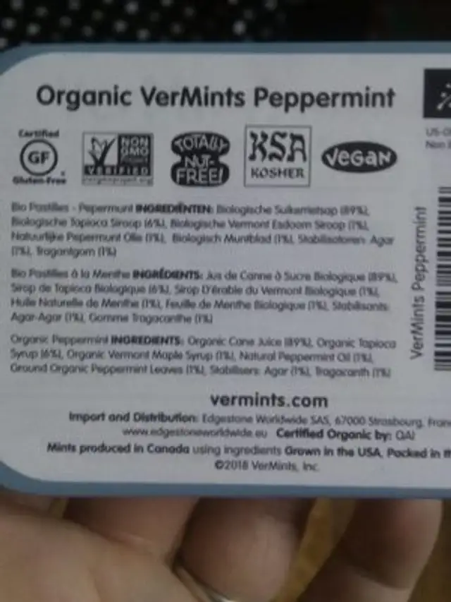 Peppermint ingredients label