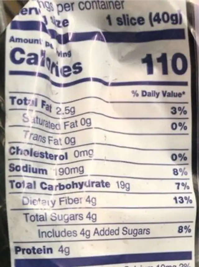 Gluten free Briorche bread nutrition facts table