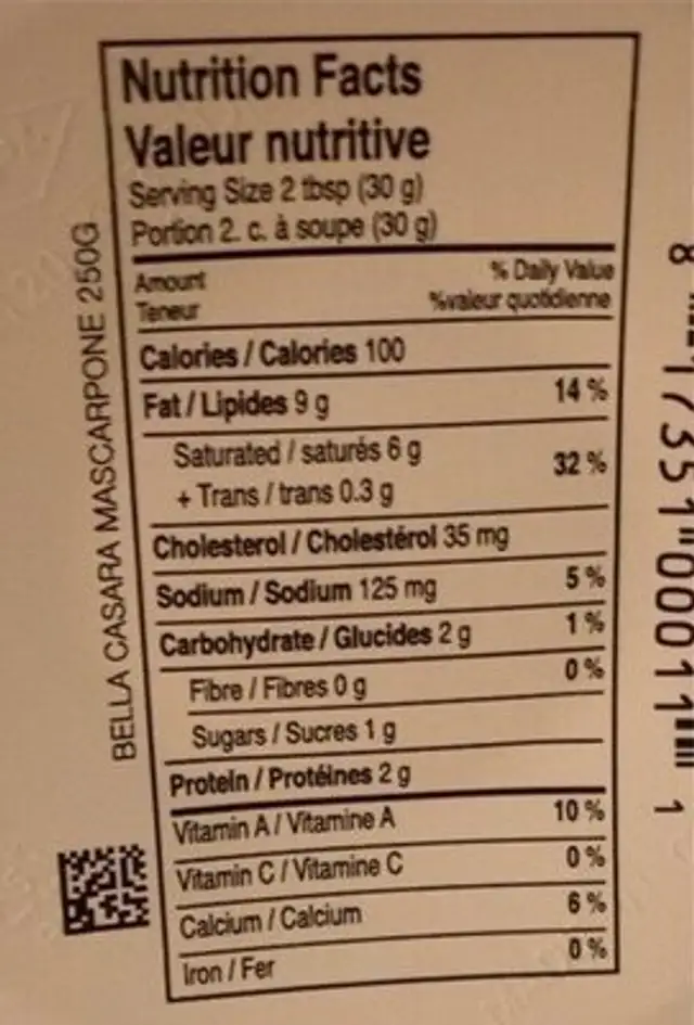 Mascarpone nutrition facts table