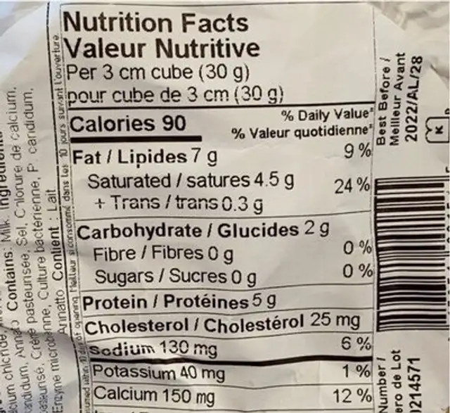 Le bon secret nutrition facts table