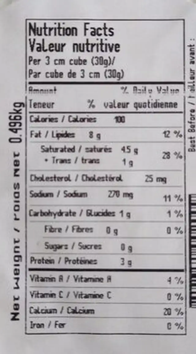 Double crème brie nutrition facts table