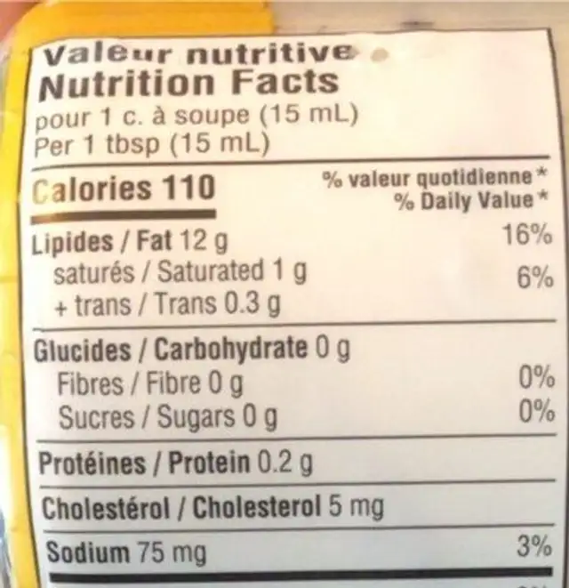 Mayo citronnée nutrition facts table