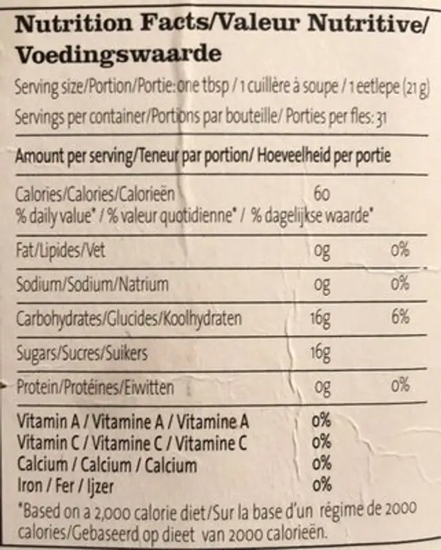 Sirop d'agave nutrition facts table