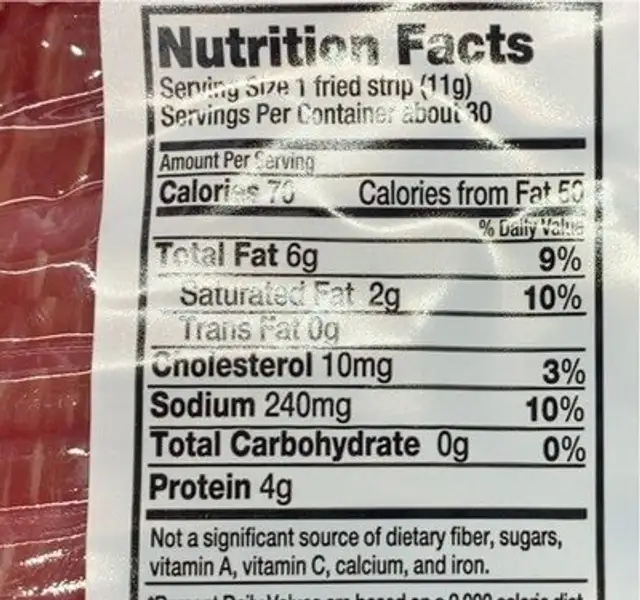 Applewood smoked Uncured Bacon nutrition facts table