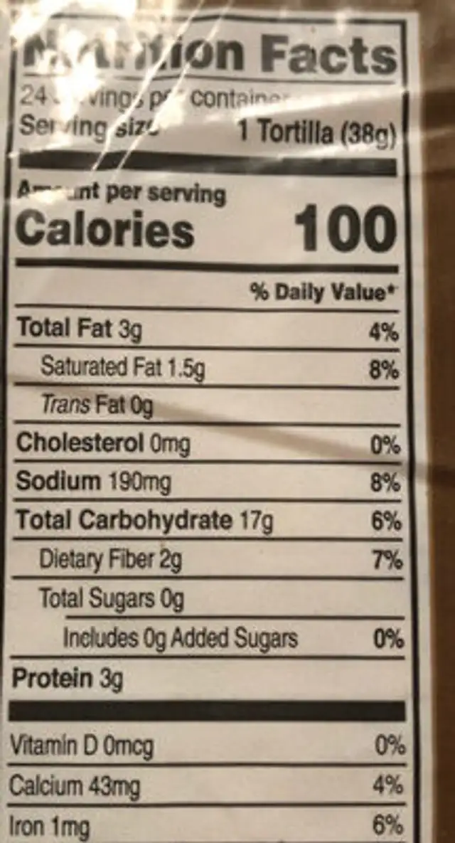 Whole Wheat Flour Tortillas nutrition facts table