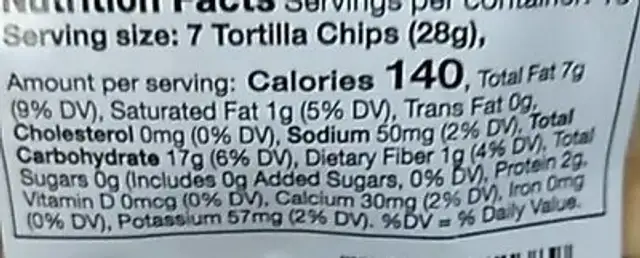 corn tortilla chips nutrition facts table