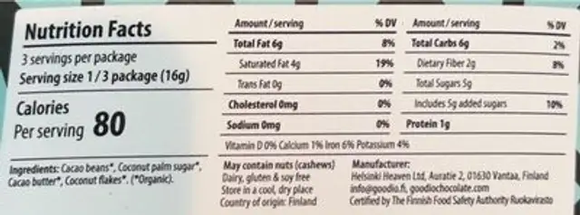 Goodio craft chocolate nutrition facts table