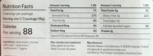 Goodio arriba craft chocolate stone ground in helsinki nutrition facts table