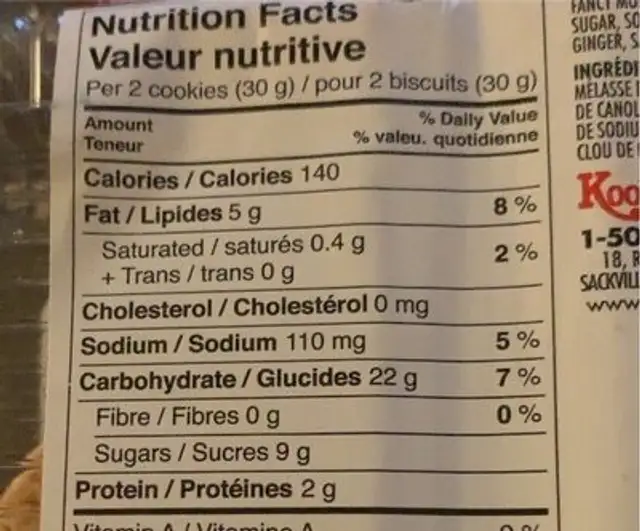 Ginger Snaps nutrition facts table