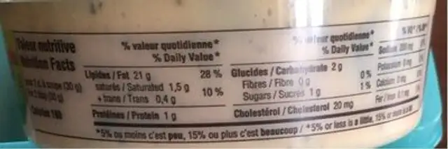 Trempette aux fines herbes nutrition facts table