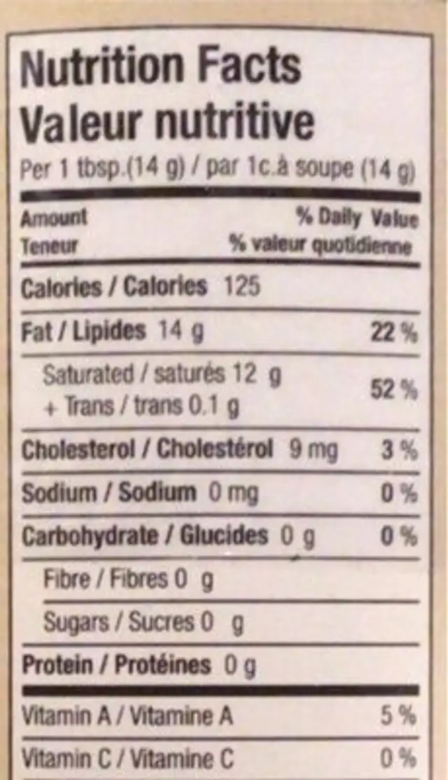 Huile de coco et Ghee biologique nutrition facts table