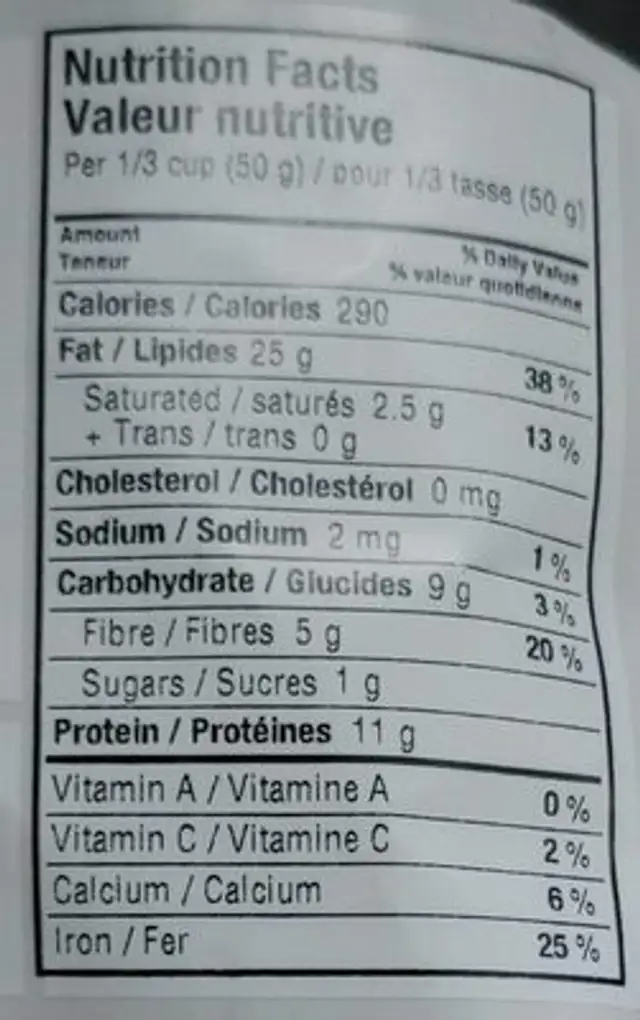 Graines de tournesol biologiques nutrition facts table