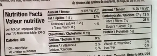 Tri coloured popcorn nutrition facts table