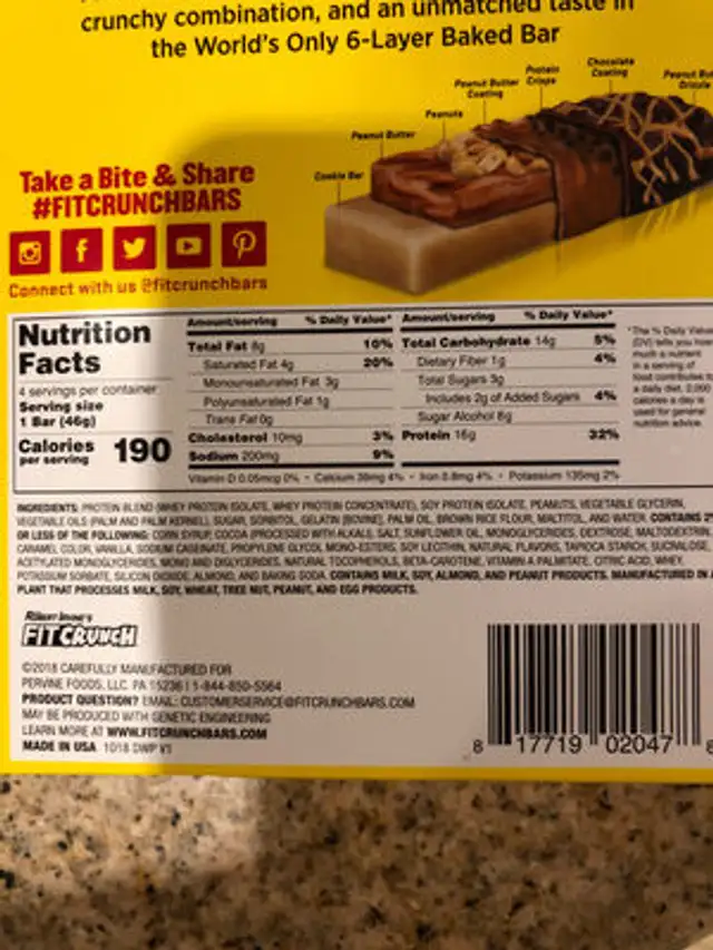 Chocolate Peanut Butter Whey Protein Bar ingredients label