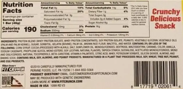 Chocolate Peanut Butter Protein Bar nutrition facts table